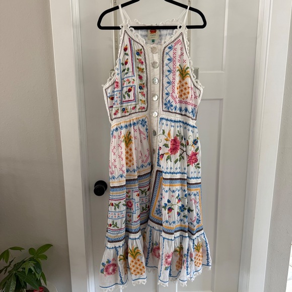 FARM Rio Dresses & Skirts - FARM Rio White Embroidered Midi Dress with Pink & Yellow Floral Pineapple Motif
